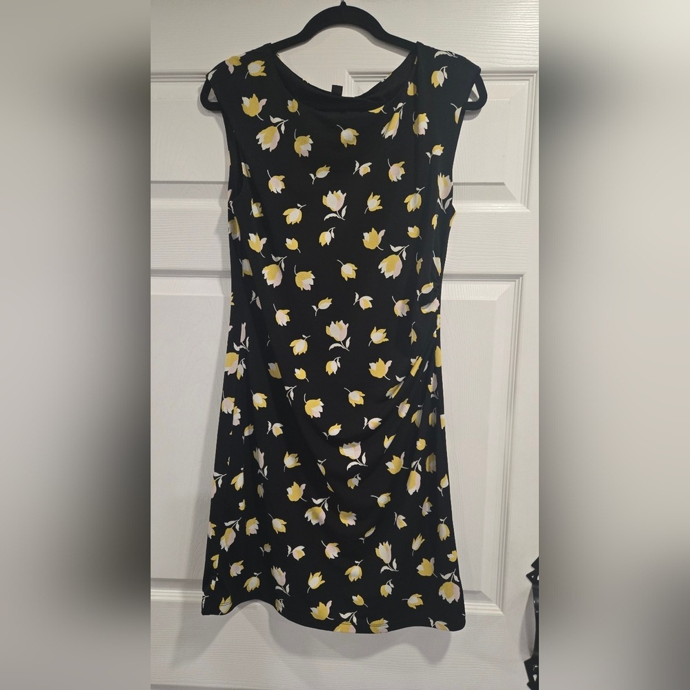 Ann Taylor Factory Black Yellow Floral Cowl Neck Ruched Sheath Dress Medium